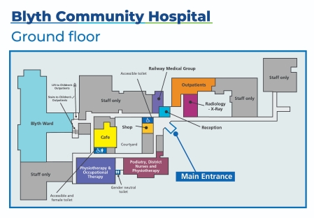A map of the ground floor of Blyth Community Hospital