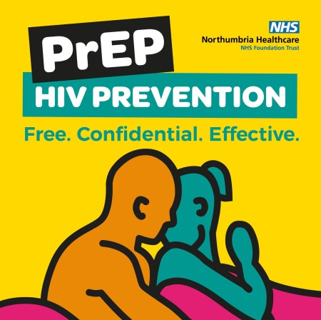 Graphic of two silhouettes with the words 'PrEP HIV Prevention, Free, Confidential, Effective'.