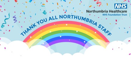 A graphic of a rainbow and confetti. Around the rainbow says 'thank you all northumbria staff'