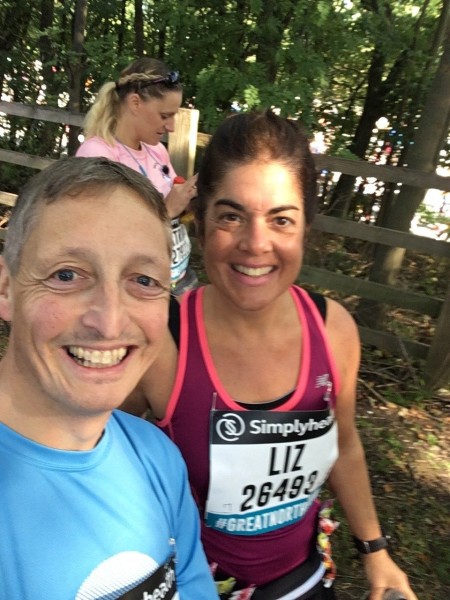 A photograph of a man and a women during a race.