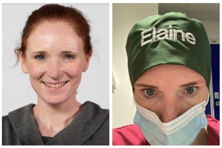 Two portraits of a woman. On one she is smiling at the camera and wearing casual clothes. The other she is wearing a scrub cap and a surgical mask.