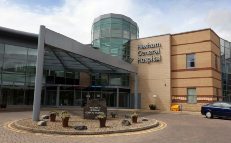 Outside the entrance to Hexham General Hospital