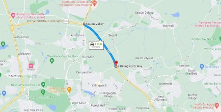 A screenshot from google maps with the A19 between Seaton Valley and Killingworth highlighted.