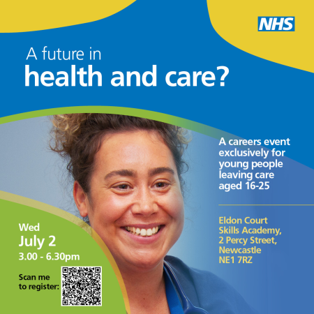 A event flyer with a smiling member of staff.