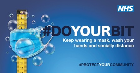 A face mask and a ruler alongside the hashtag 'Do your bit' . Under this it says keep wearing a mask, wash your hands and socially distance.