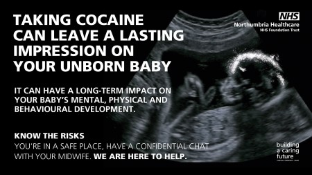 An advert warning people against taking cocaine during pregnancy.