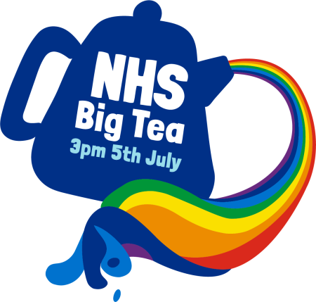 An illustration of a kettle labelled 'NHS big tea 3pm 5th July' and pouring a rainbow.