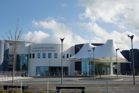 Outside the entrance to Northumbria Specialist Emergency Care Hospital.