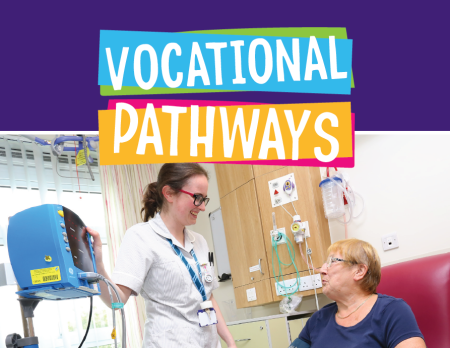 A photograph of a healthcare assistant with a patient. It is titled Vocational Pathways.