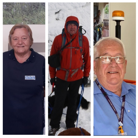 Three portraits. One is of a woman and two are of men. One of the men is standing in the snow and is dressed in snow gear.