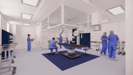 An artist's impression of a new theatre. There are several people wearing blue scrubs.