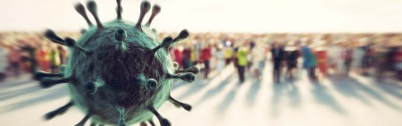A virus molecule heading towards a group of people.