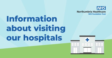 A graphic titled 'Information about visiting our hospitals'. On the right there is a graphic of a hospital.