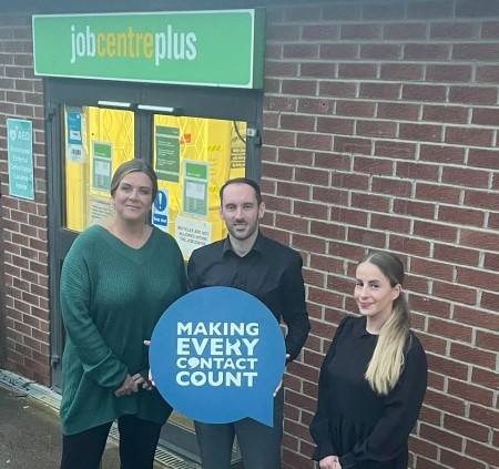 Regional MECC lead, Craig Robson with DWP Visiting Officers Nichola Burt (left) and Lauren Lemin (right) 