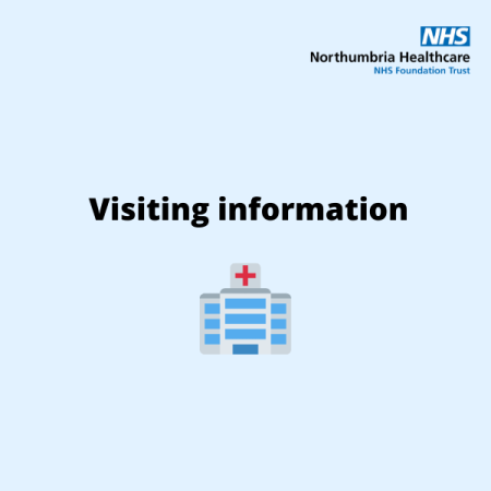 A graphic of a hospital. Above it are the words 'Visiting information'.
