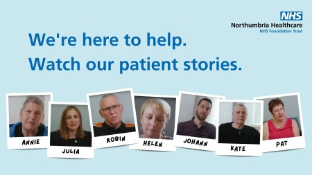 A graphic that says 'We're here to help, watch our patient stories'. Below is a collage with photos of seven patients..