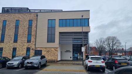 Outside the entrance to Hadrian Health Centre